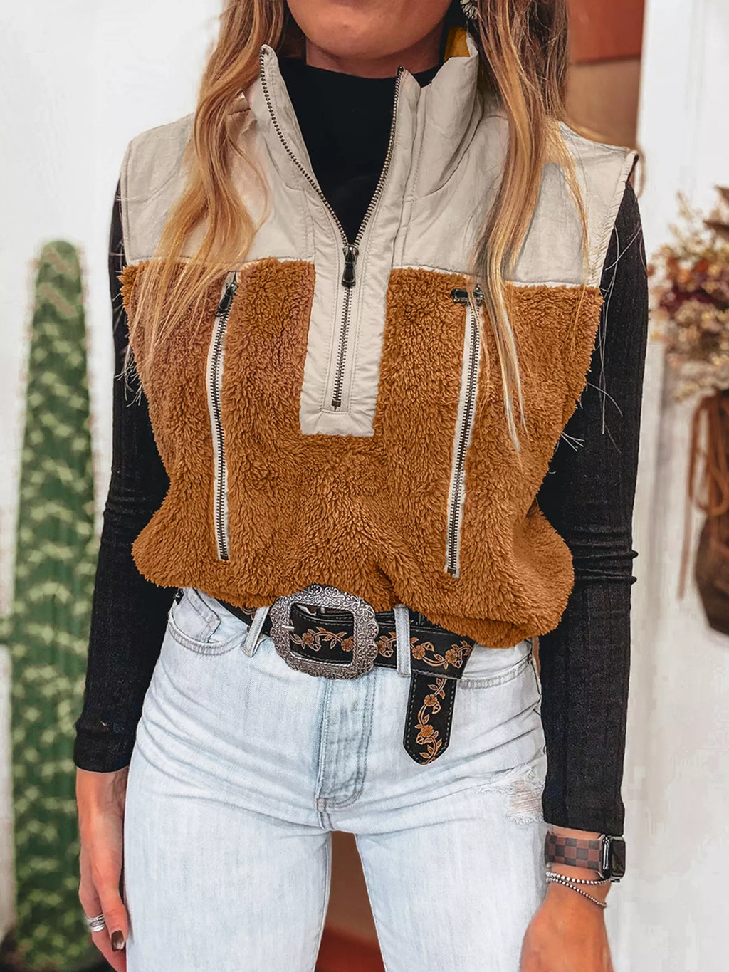 Color Block Plush Patchwork Zipper Stand Neck Vest Coat - Lilixa.store