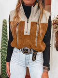 Color Block Plush Patchwork Zipper Stand Neck Vest Coat - Lilixa.store