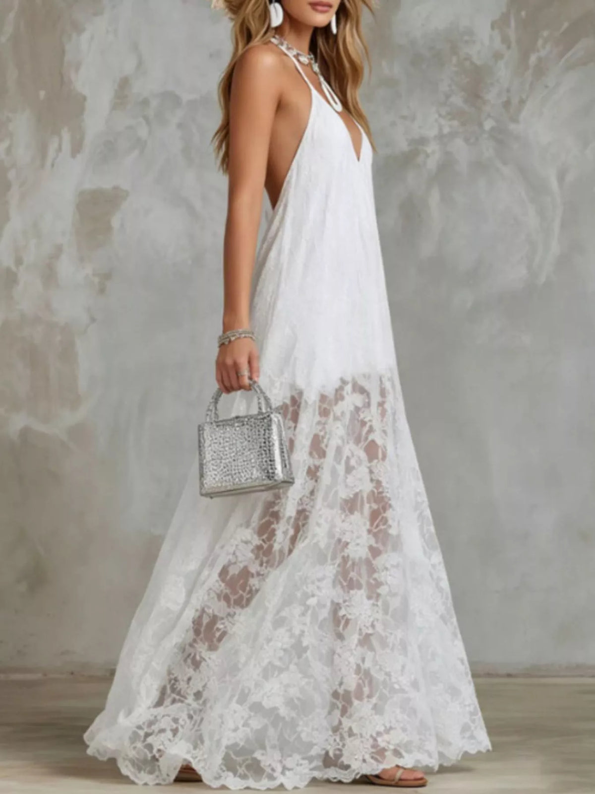 Halter Neck Lace Hem Maxi Dress
