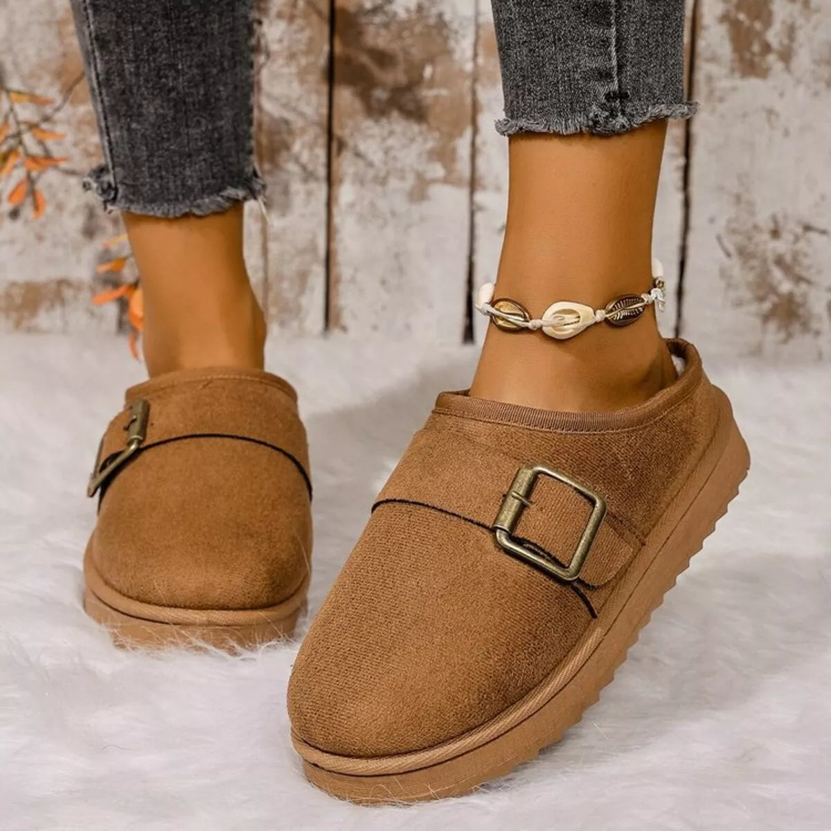 Buckle Decor Plush Lined Warm Slippers - Lilixa.store