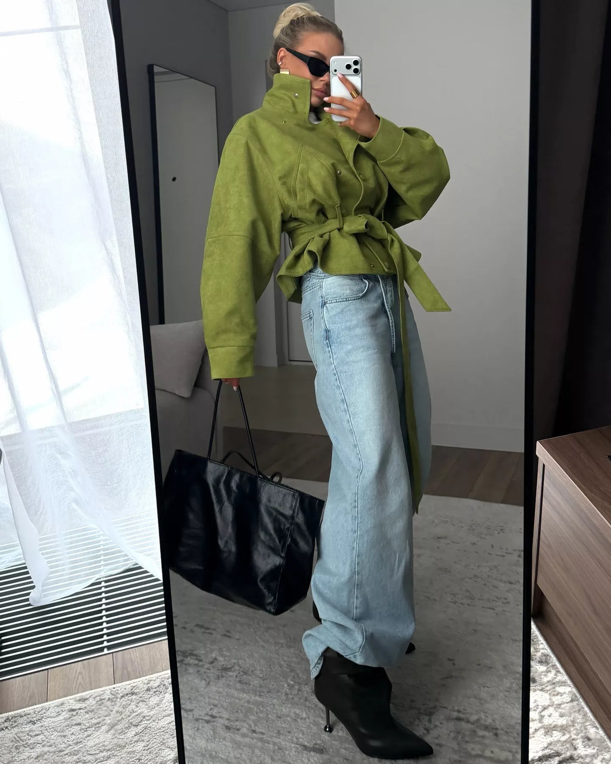 Tie Waist Long Sleeve Cropped Jacket in Matcha Green, view 10