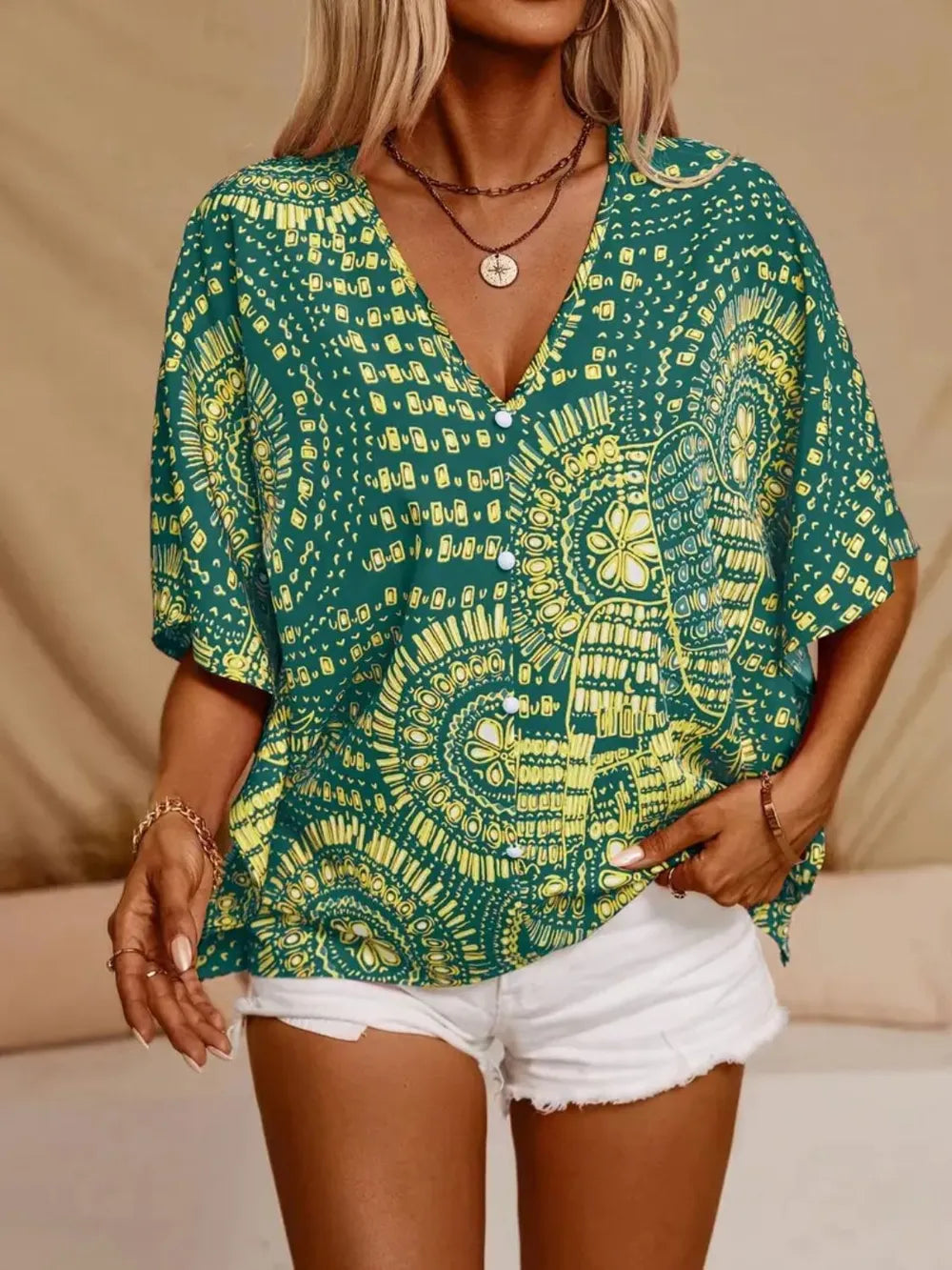 Printed V-Neck Half Sleeve Top - Lilixa.store