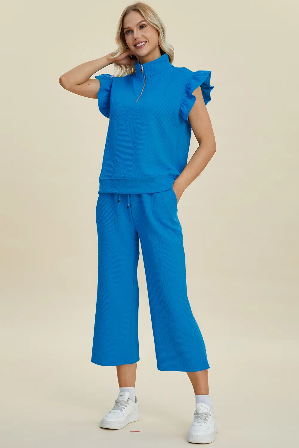 Double Take Full Size Texture Ruffle Short Sleeve Top and Wide Leg Pants Set, view 21