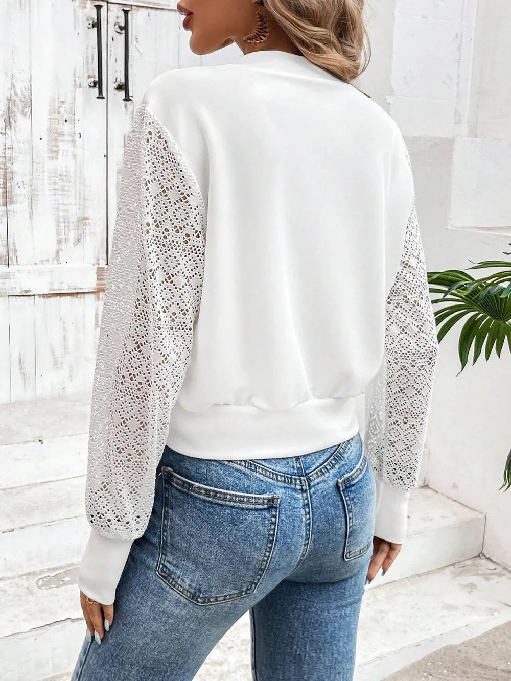 Baseball Collar Lace Patchwork Long Sleeve Jacket in White, view 4