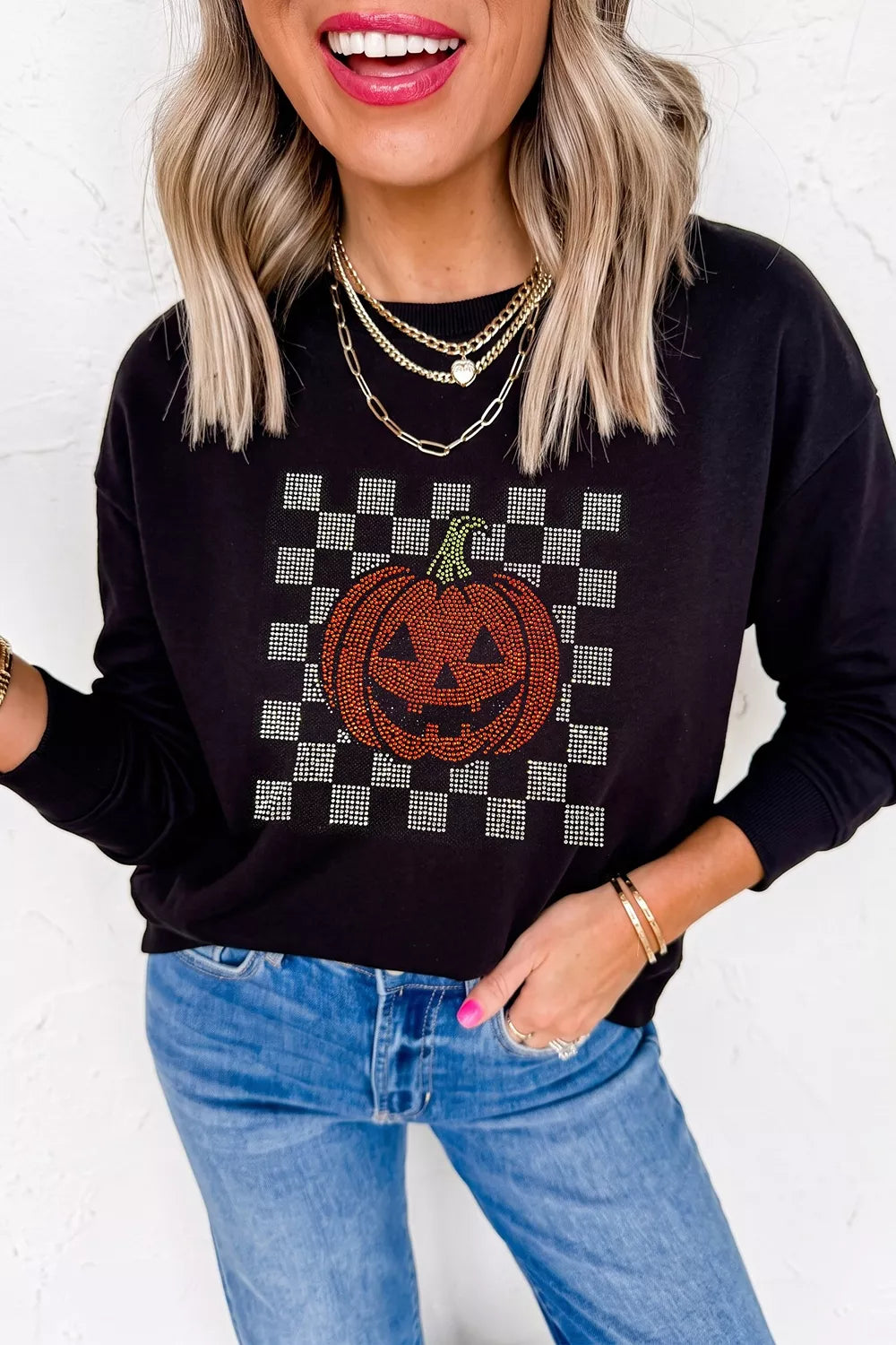 Rhinestone Pumpkin Long Sleeve Sweatshirt - Lilixa.store