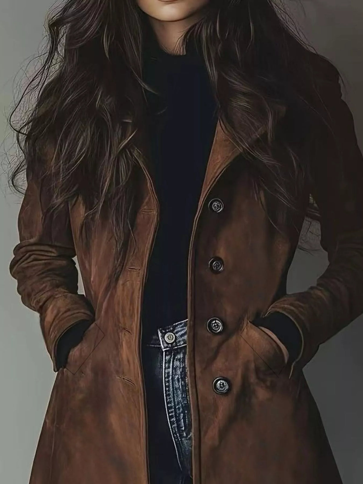 Button Up Long Sleeve Trench Coat in Brown, view 2