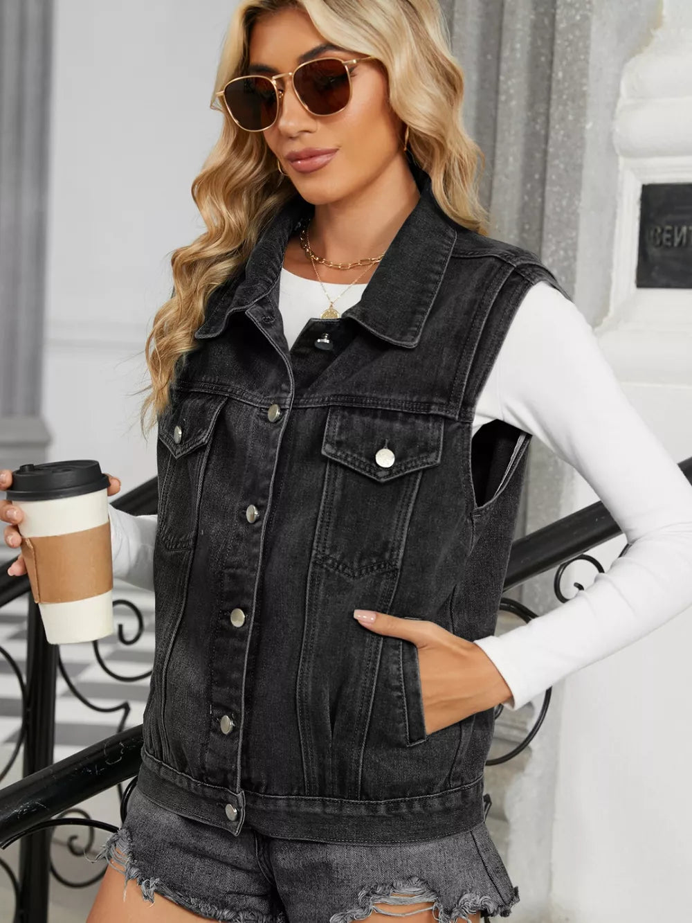 Pocketed Button Up Sleeveless Denim Jacket in Black, view 5
