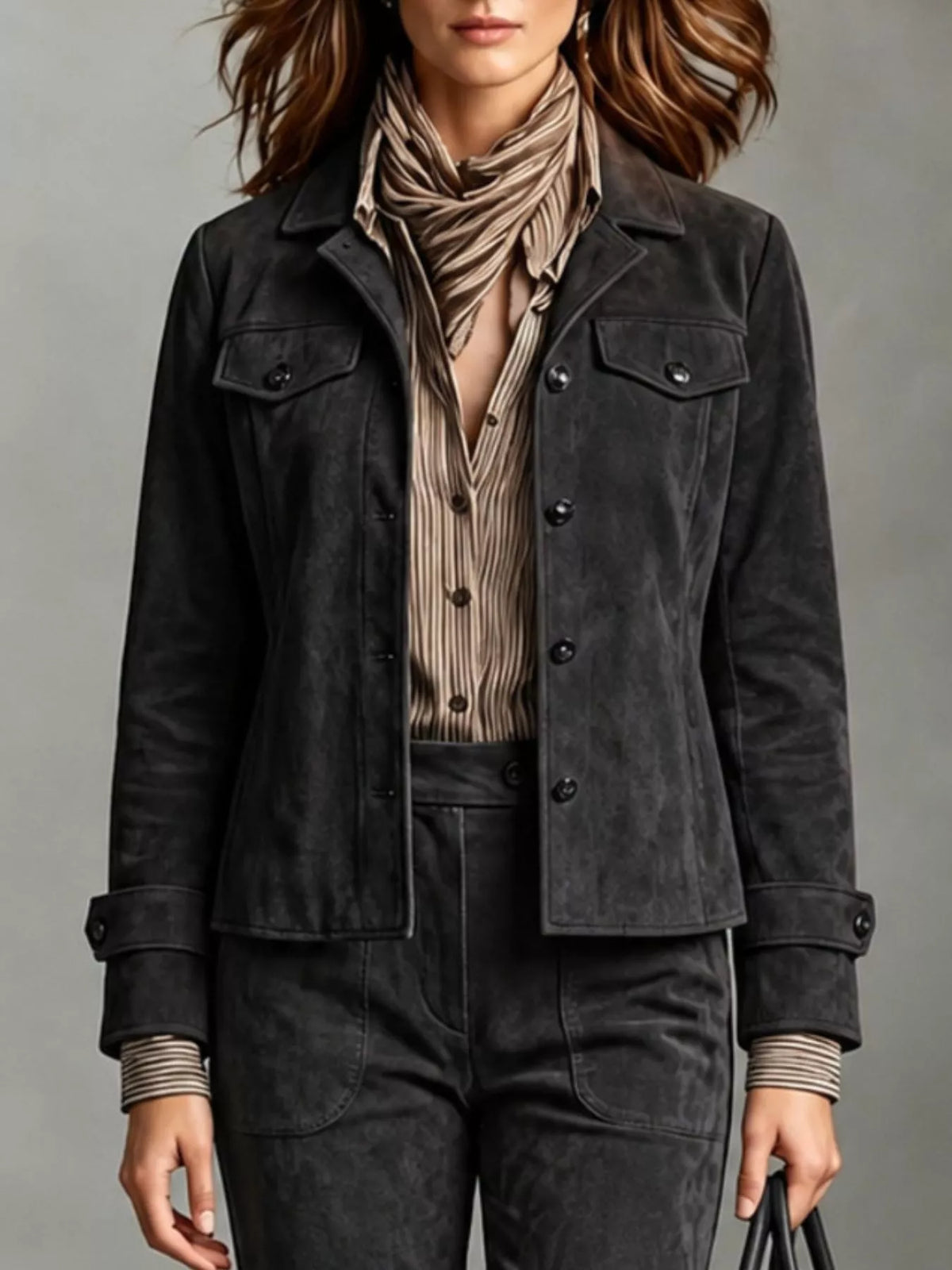 Full Size Suede Utility Blazer with Button-Front Detail Plus Size, view 6
