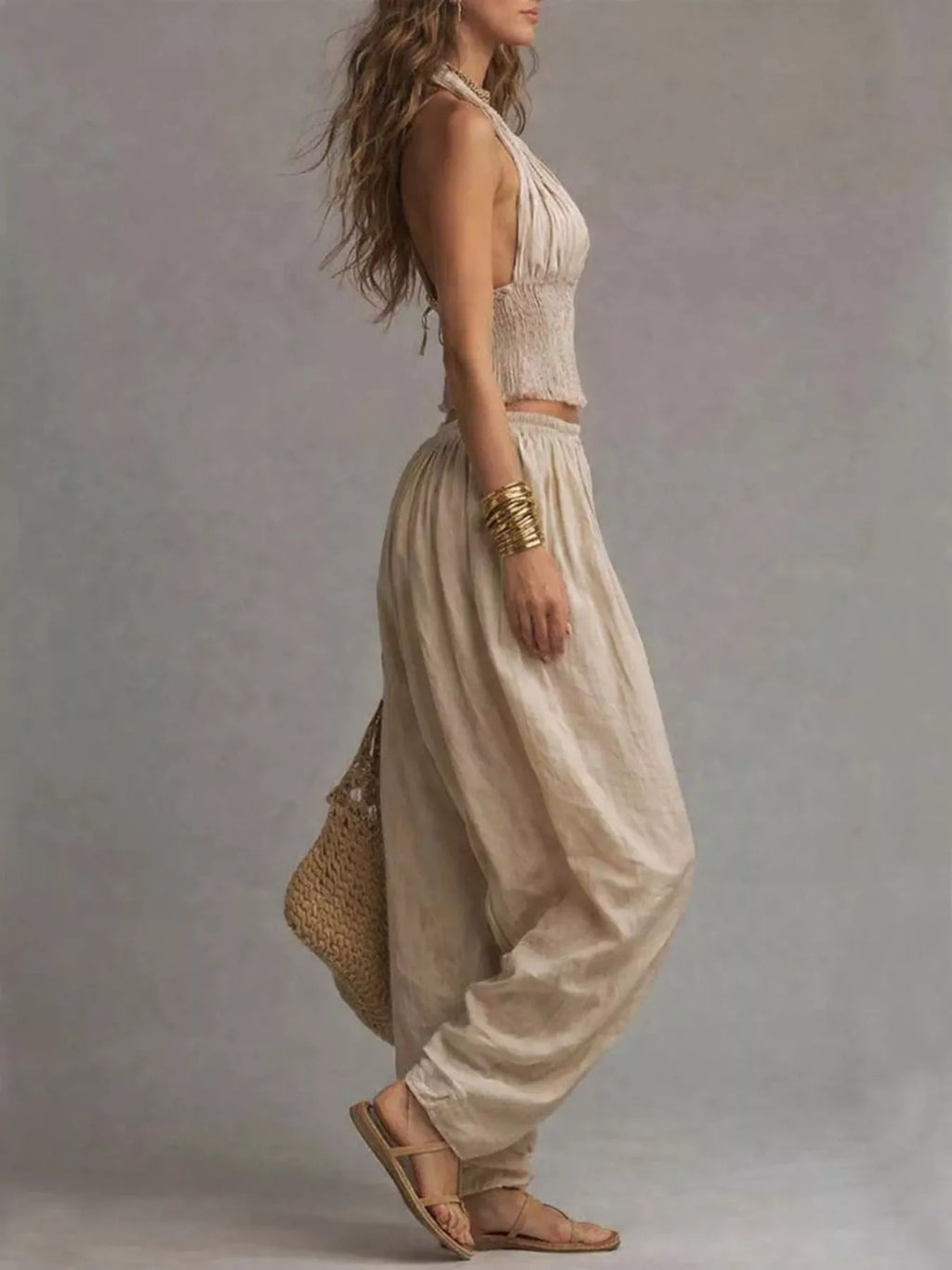 Full Size Halter Neck Top and Wide-Leg Harem Pants Two-Piece Set Plus Size - Lilixa.store
