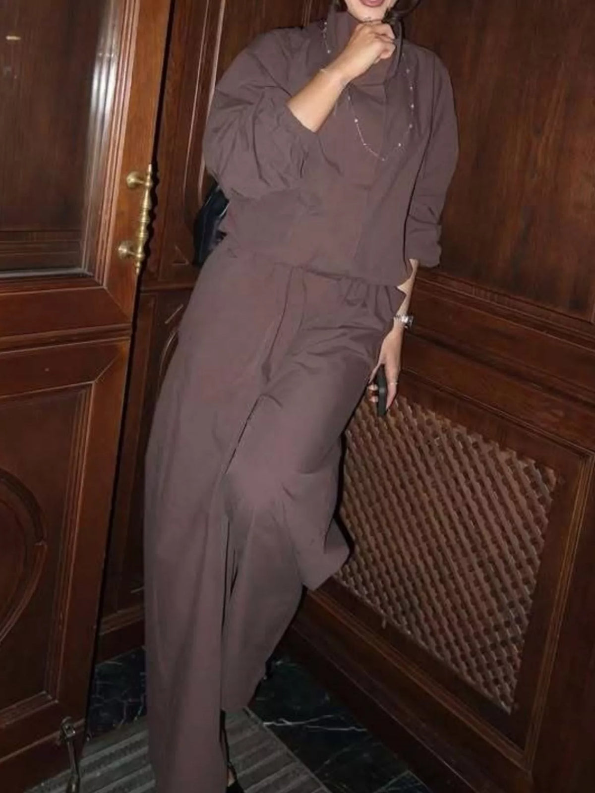 Drawstring Hem Crop Jacket and Wide-Leg Pant Set, view 5