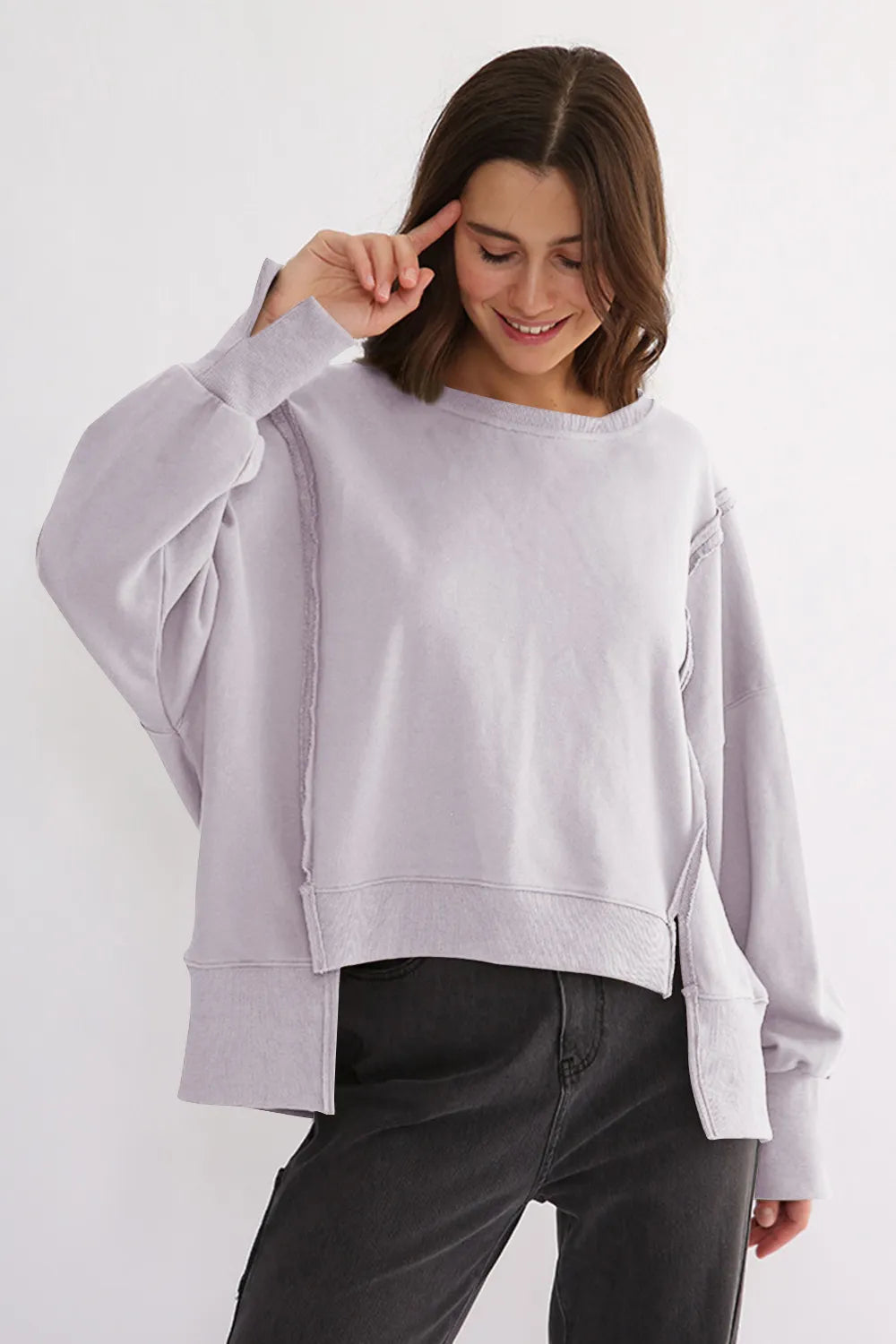 Exposed Seam High-Low Long Sleeve Sweatshirt - Lilixa.store