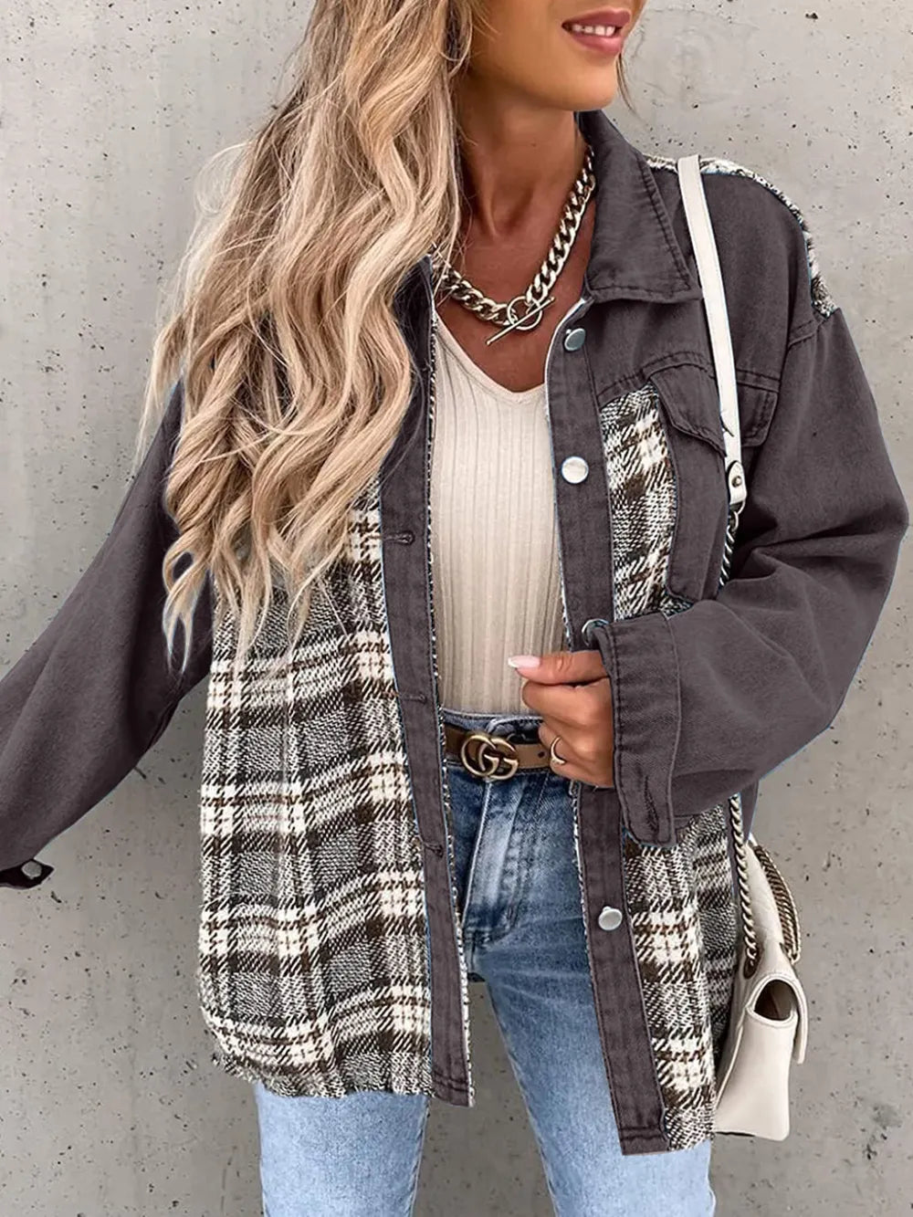 Plaid Button Up Dropped Shoulder Jacket in Dark Gray