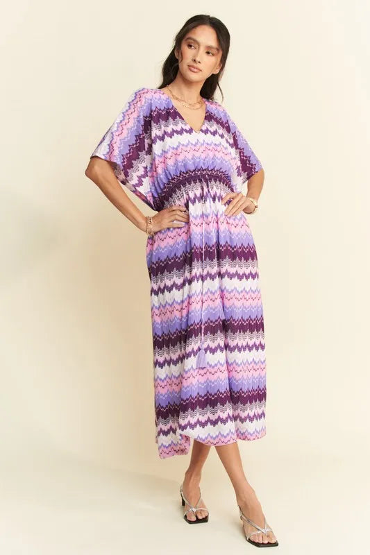 Davi & Dani Multi Color Wavy Tie Waist Flowy Sleeve Dress - Lilixa.store