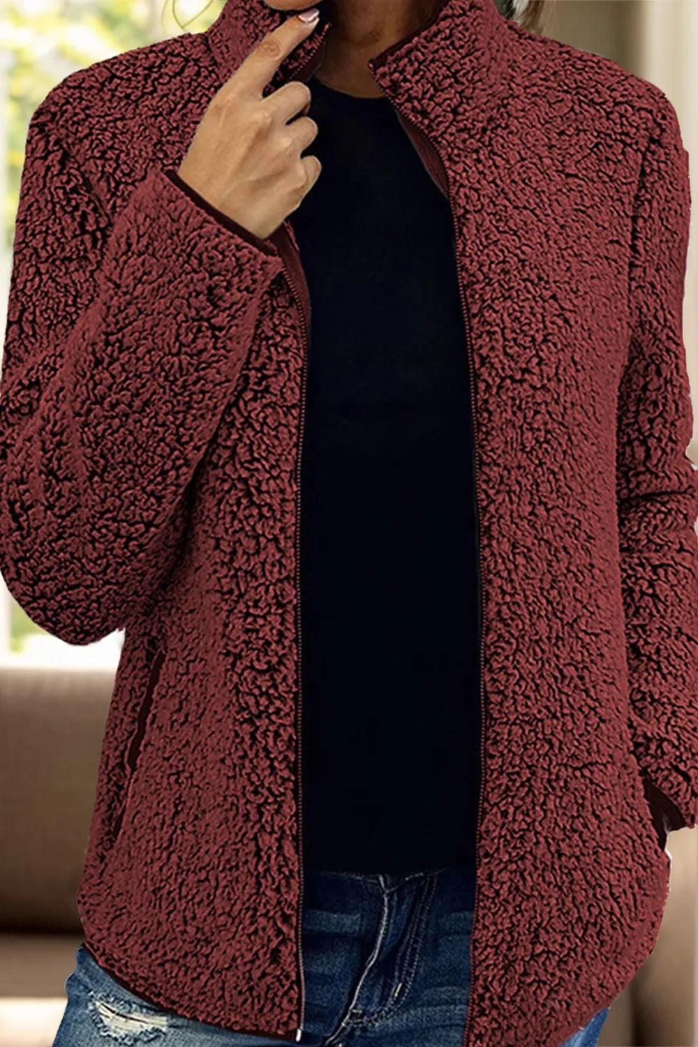 Pocketed Zip Up Turtleneck Jacket in Burgundy