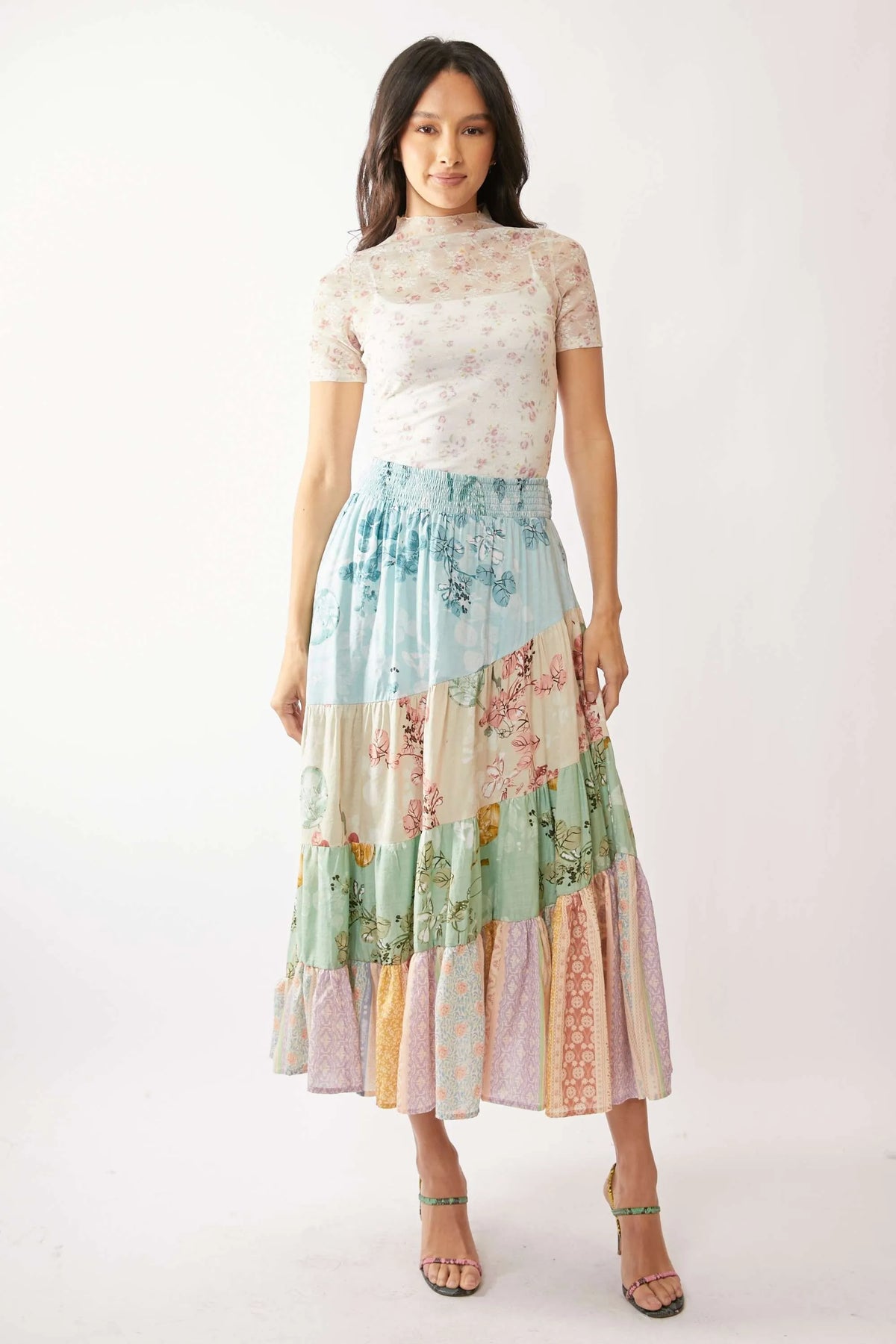 Davi & Dani Floral Mesh Mock Neck Short Sleeve Top - Lilixa.store