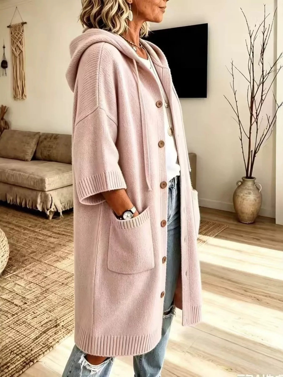 Hooded Button-Down Knit Cardigan with Pockets, view 3