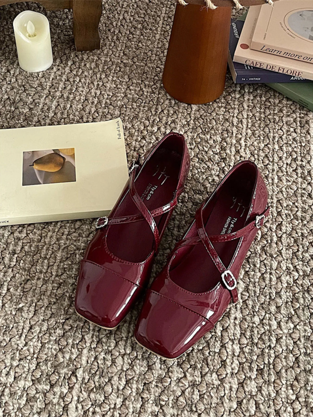 Crisscross Buckle Square Toe Mary Jane Loafers in Wine Red