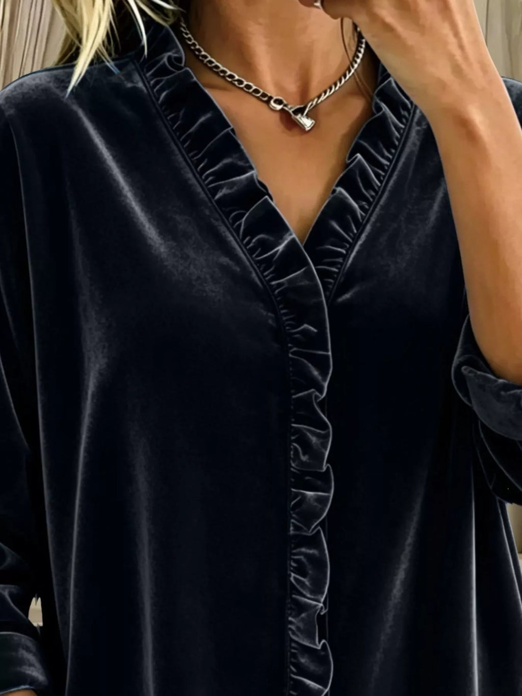 Velvet Frill V-Neck Blouse - Lilixa.store
