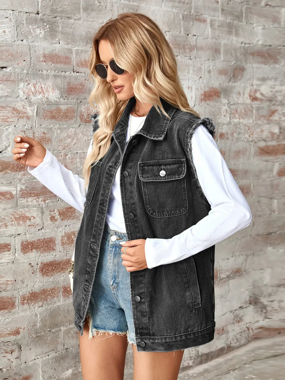 Raw Hem Sleeveless Button Up Denim Jacket, view 7