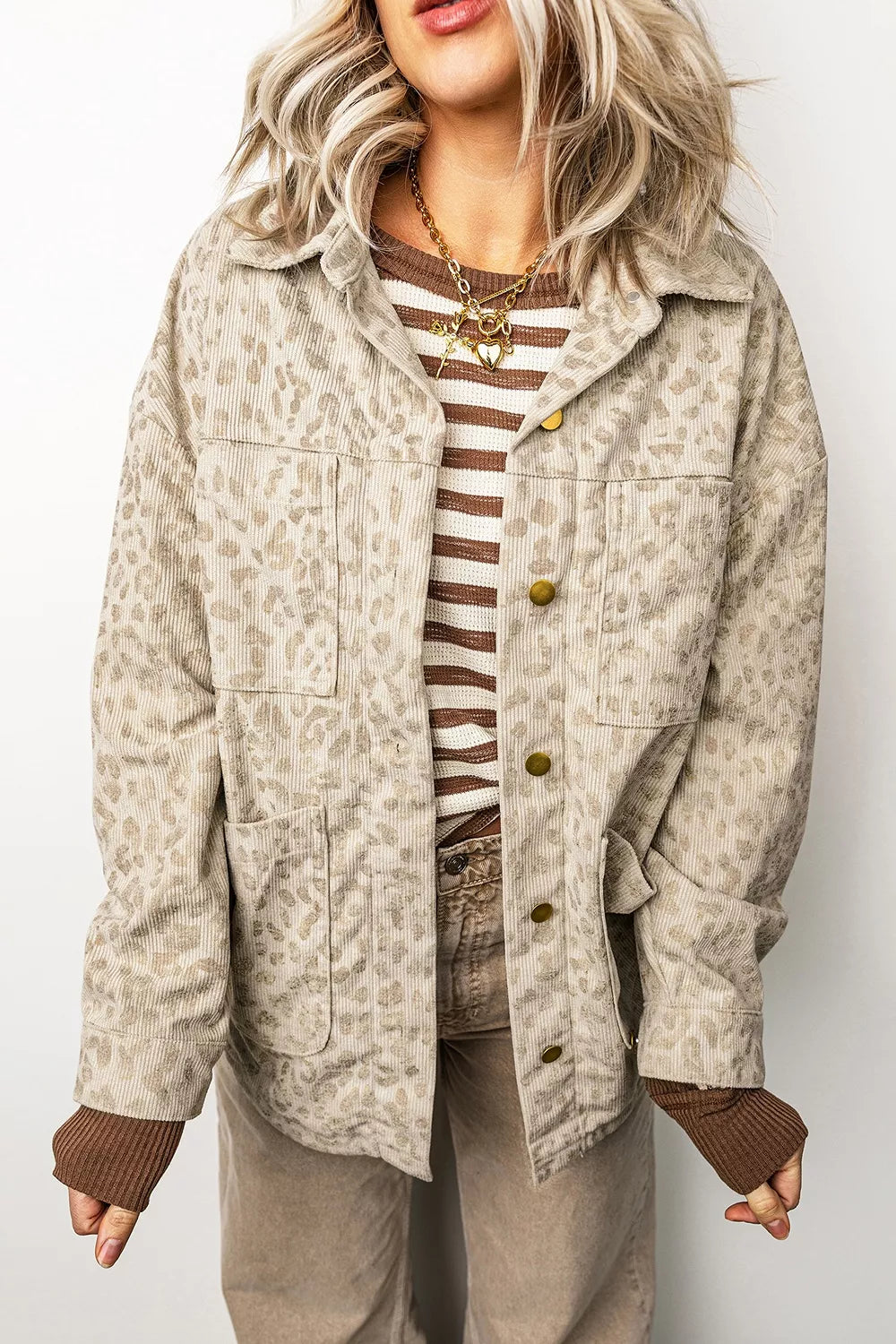 Leopard Print Corduroy Shirt Collar Long Sleeve Regular Fit Jacket in Khaki, view 5