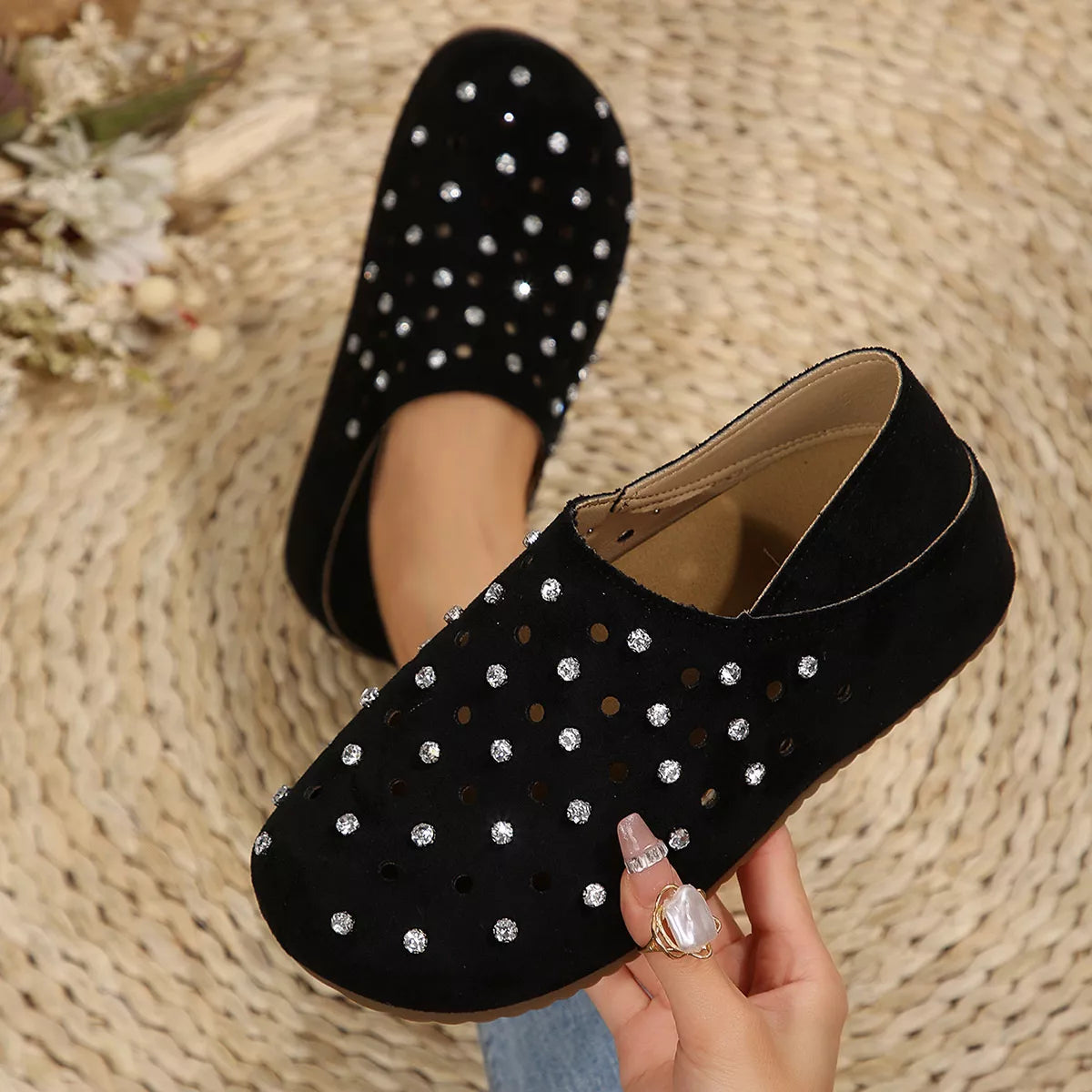Rhinestone Round Toe Slip-Ons - Lilixa.store