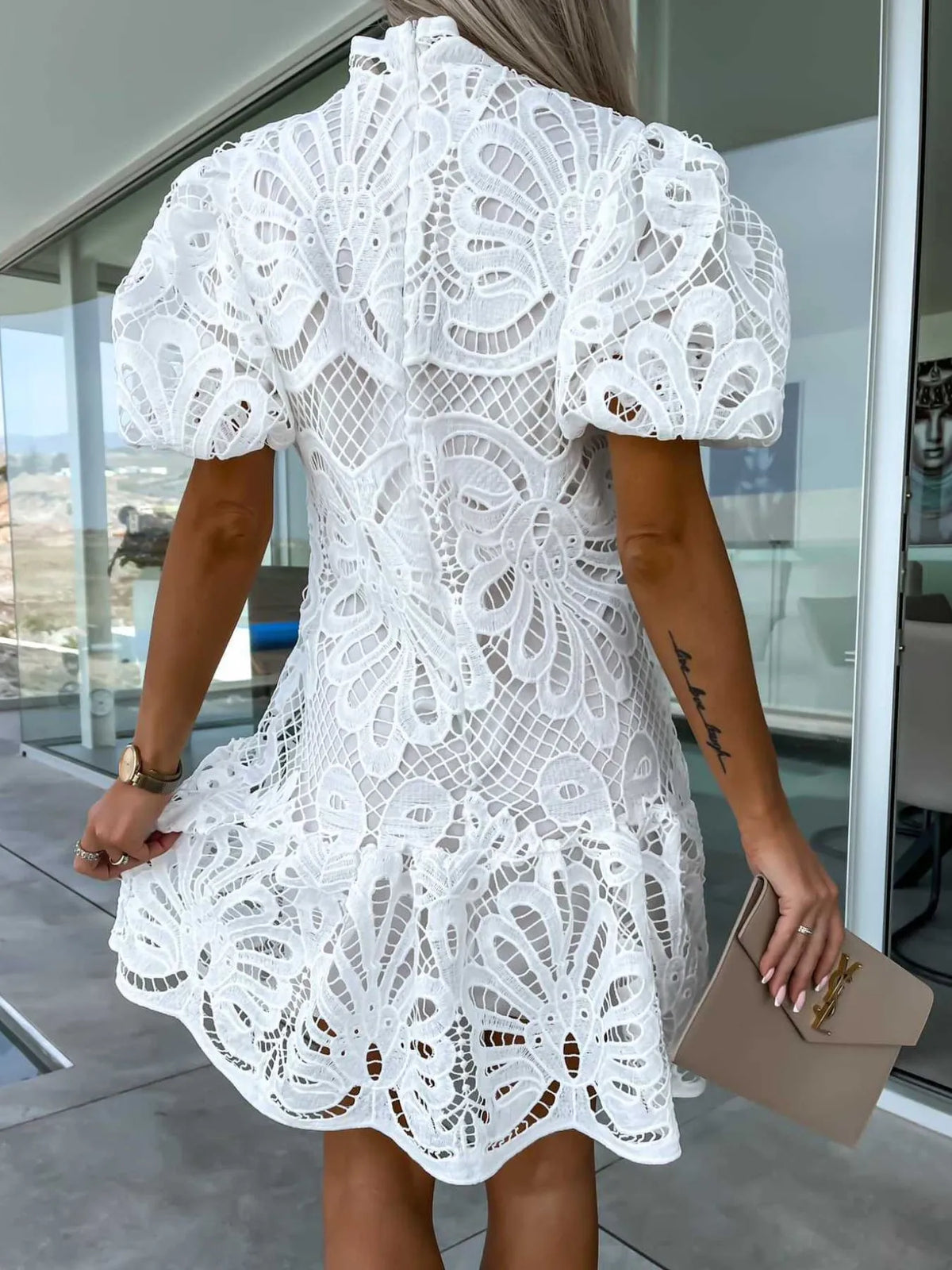 Lace Mock Neck Puff Sleeve Dress - Lilixa.store