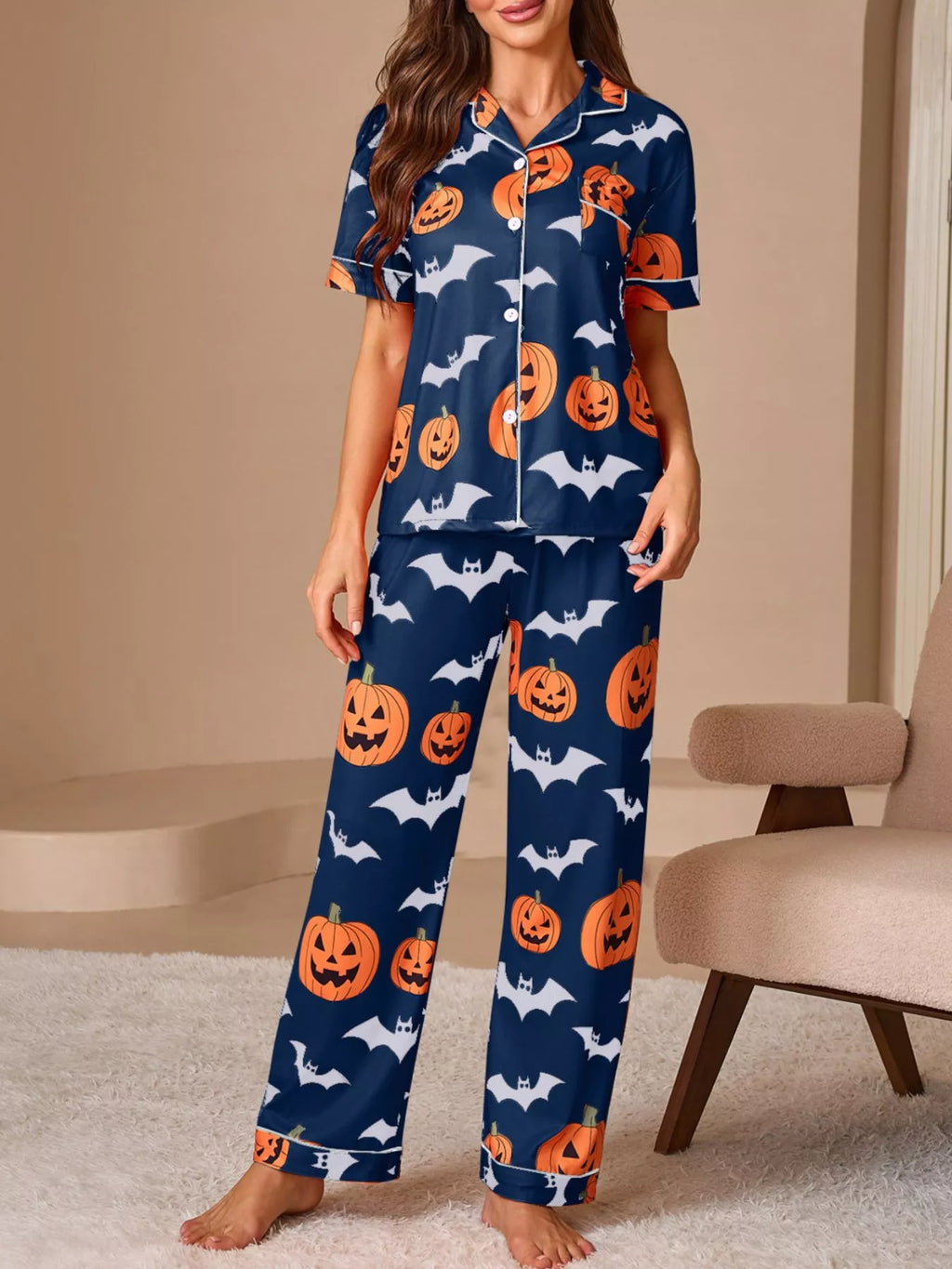 Halloween Pumpkin and Bat Print Button-Down Top and Pants Lounge Set - Lilixa.store