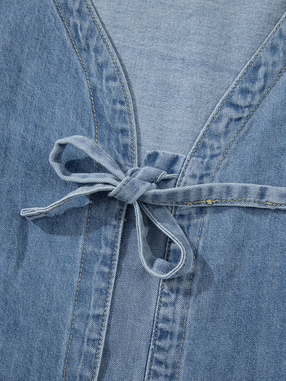 Tied Front Puff Sleeve Denim Top in Dusty Blue, view 10