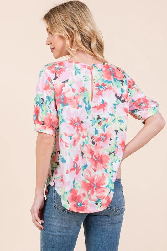 BOMBOM Floral Round Neck Puff Sleeve Top - Lilixa.store