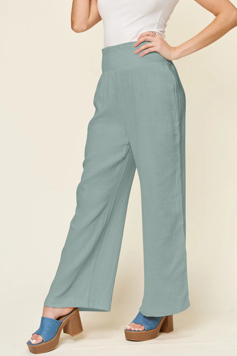 Double Take Full Size Texture Smocked Waist Wide Leg Pants - Lilixa.store