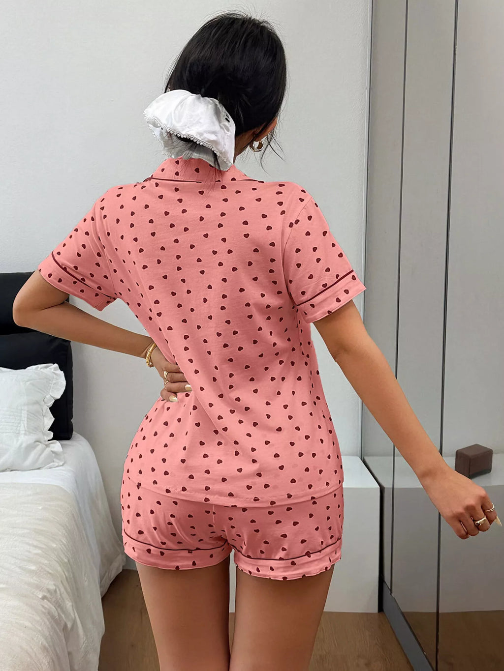 Heart Print Button-Down Short Sleeve Top and Shorts Lounge Set - Lilixa.store
