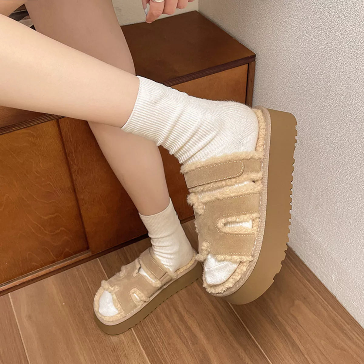 Fluffy Platform Velcro Slippers - Lilixa.store