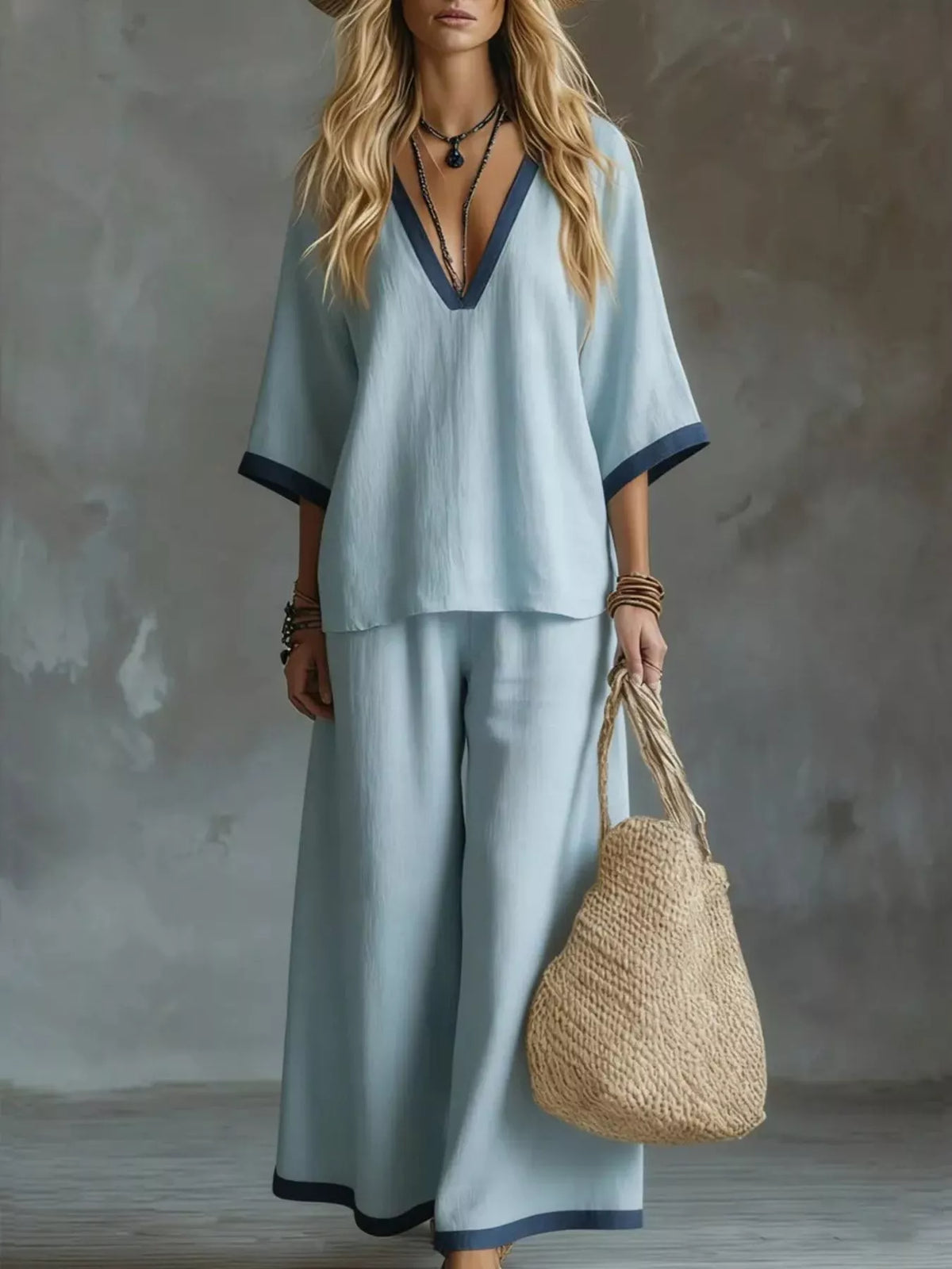 Full Size Contrast Trim V-Neck Top and Pants Set Plus Size - Lilixa.store