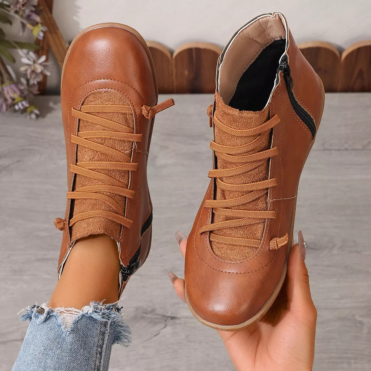 Lace-Up Faux Leather Ankle Boots, view 9