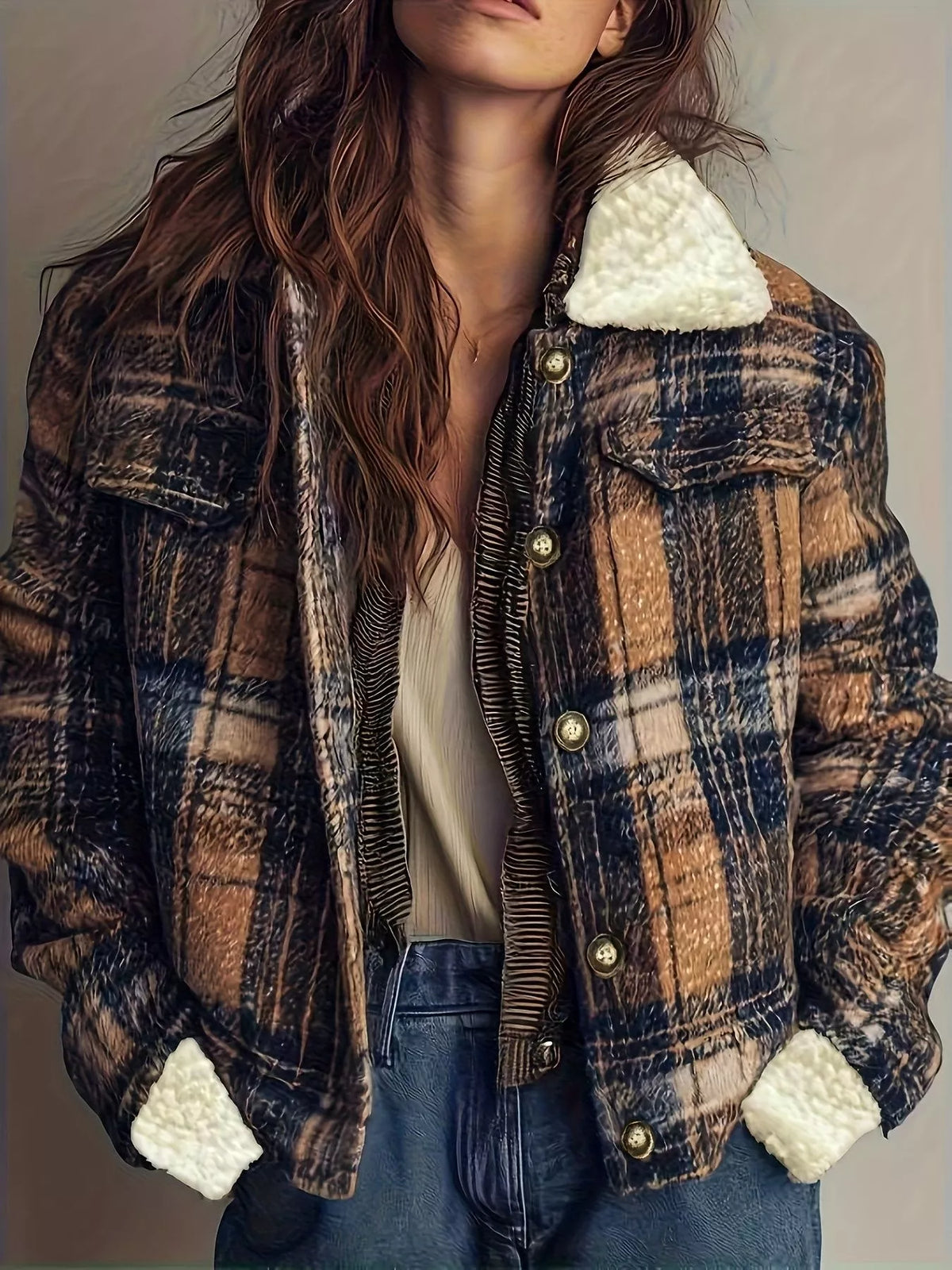 Sherpa-Lined Plaid Button-Down Outerwear - Lilixa.store