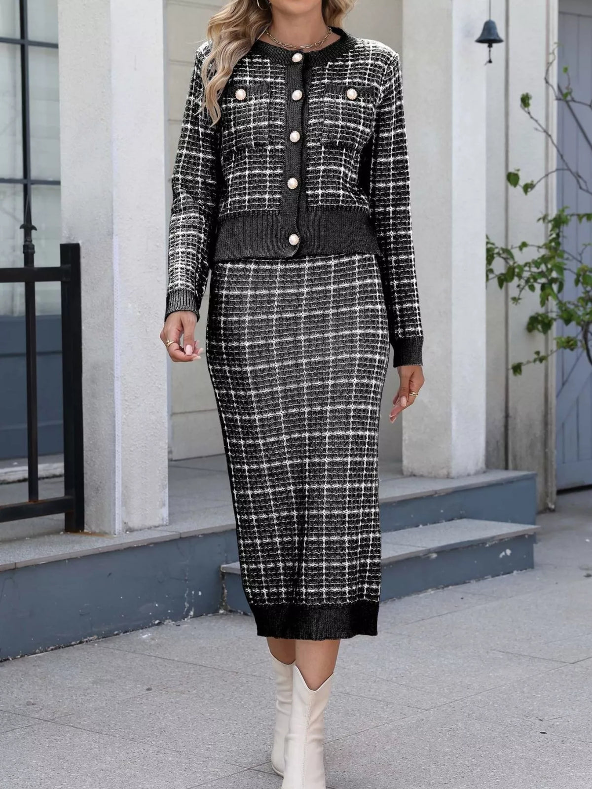 Plaid Knit Cardigan and Midi Skirt Sweater Set