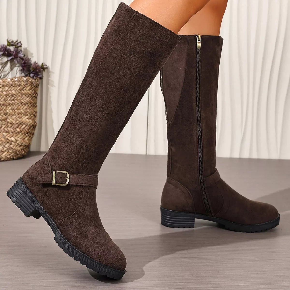 Knee-High Suede Buckle Accent Boots - Lilixa.store
