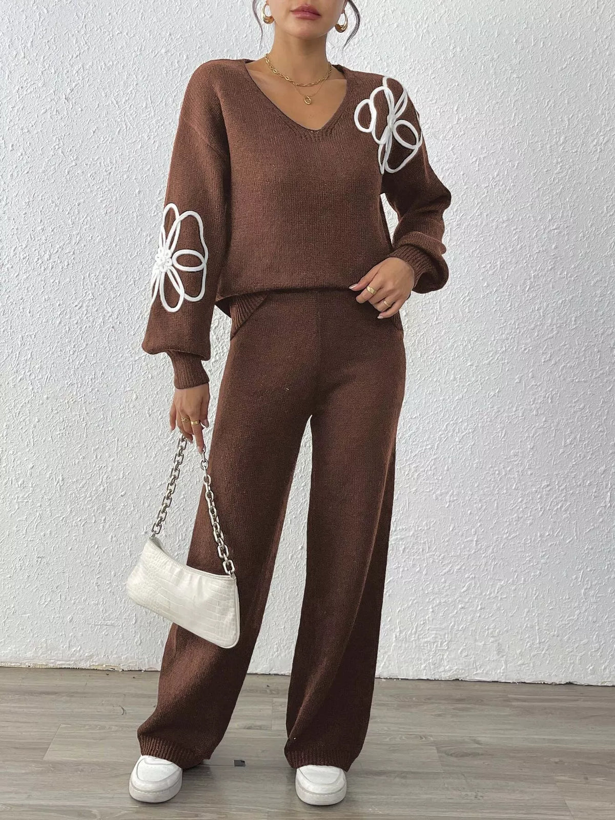 V-Neck Dropped Shoulder Top and Pants Sweater Set