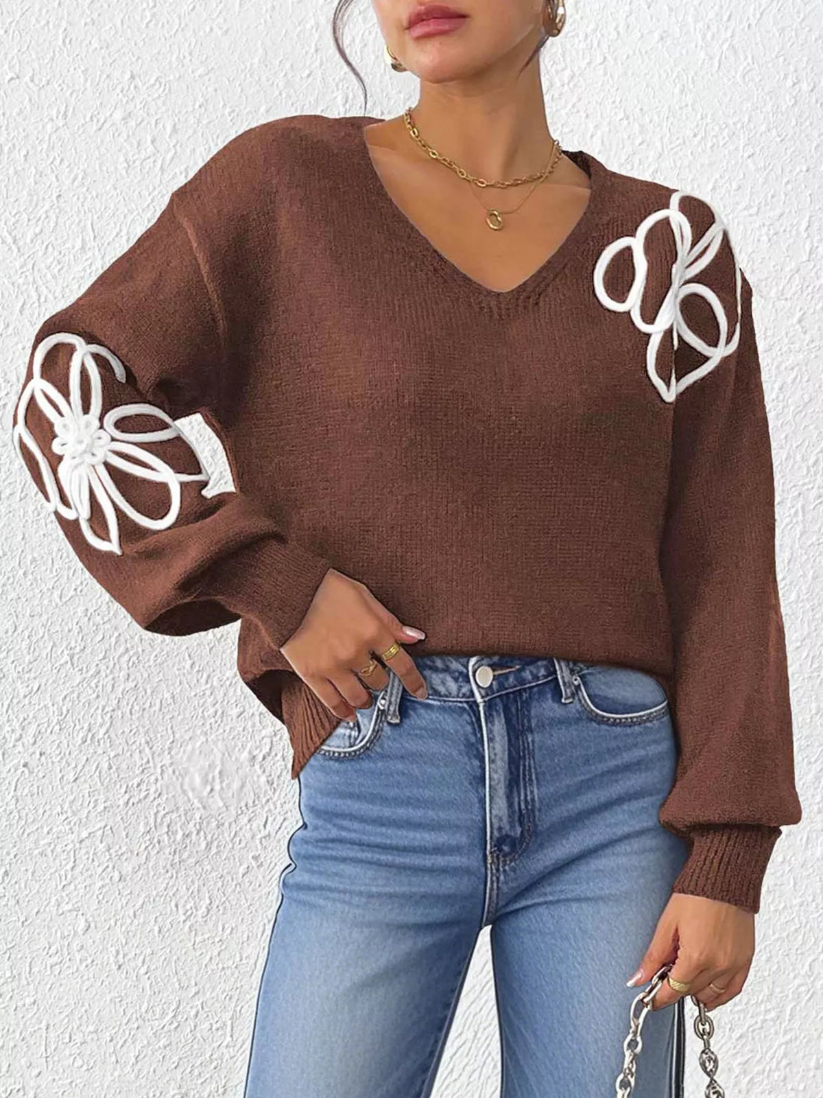 Flower V-Neck Dropped Shoulder Sweater