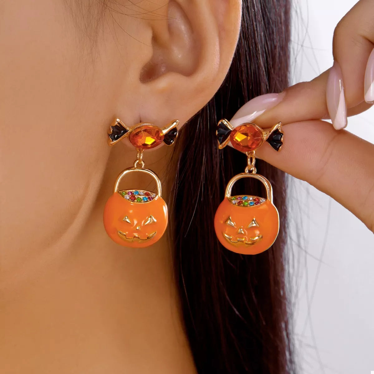 Halloween Rhinestone Pumpkin Dangle Earrings - Lilixa.store