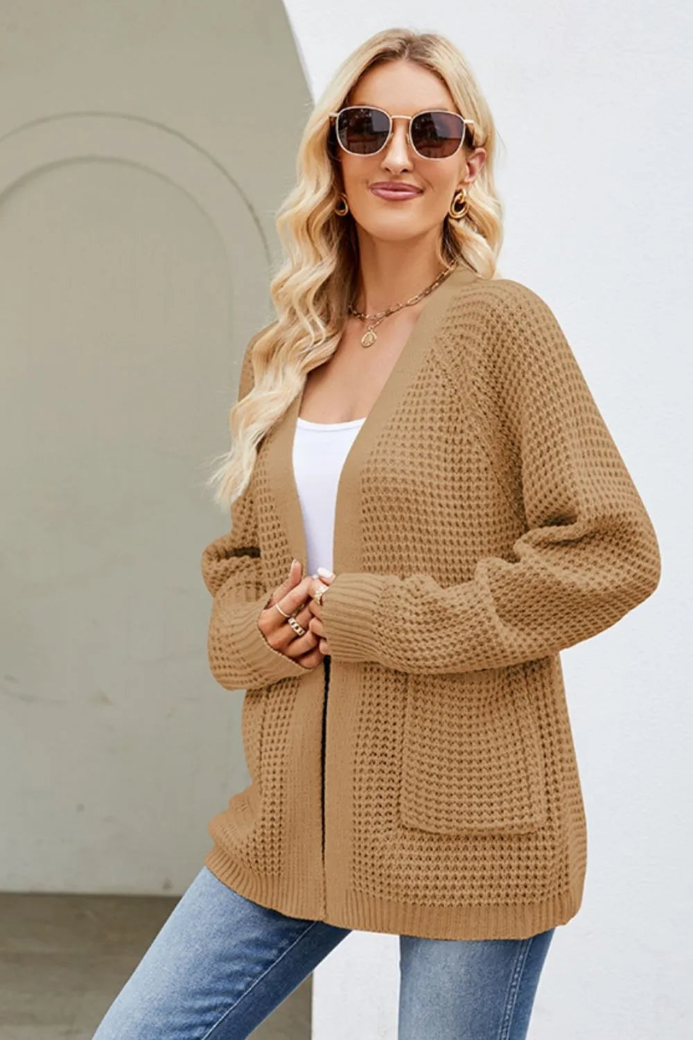 Open Front Raglan Sleeve Pocketed Cardigan - Lilixa.store
