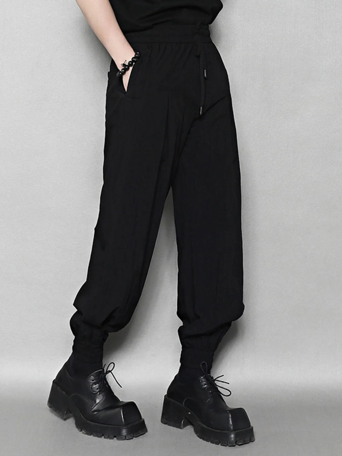 Men's Relaxed Fit Drawstring Ankle Cuffed Pants in Black, view 3
