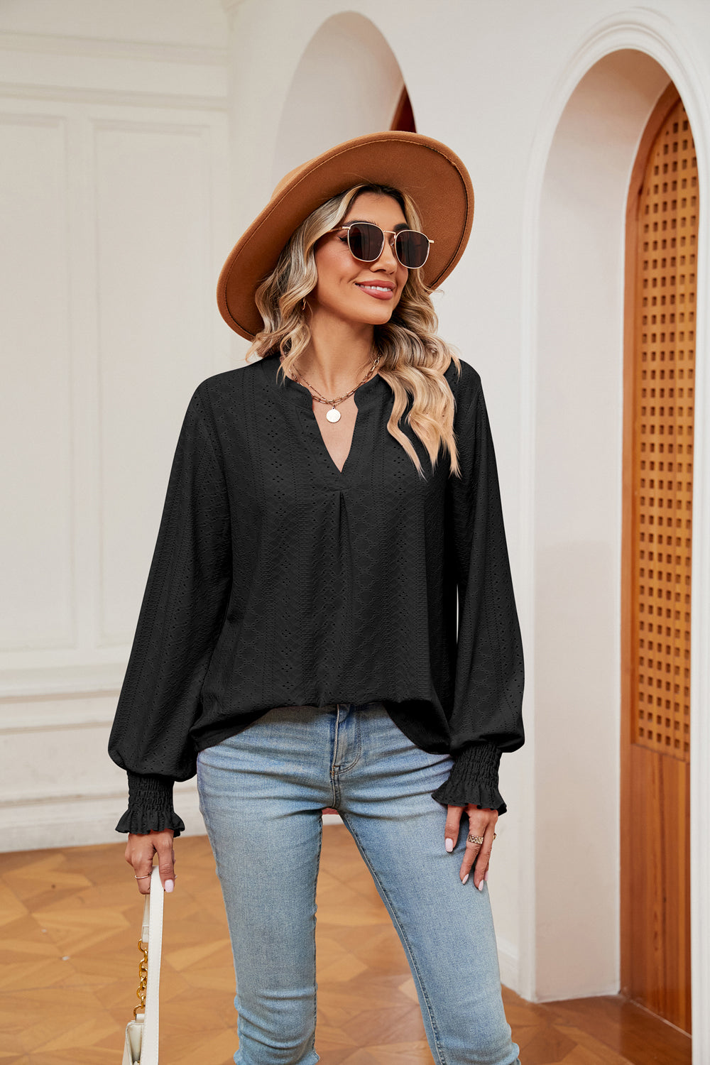 Notched Neck Flounce Sleeve Blouse, view 10