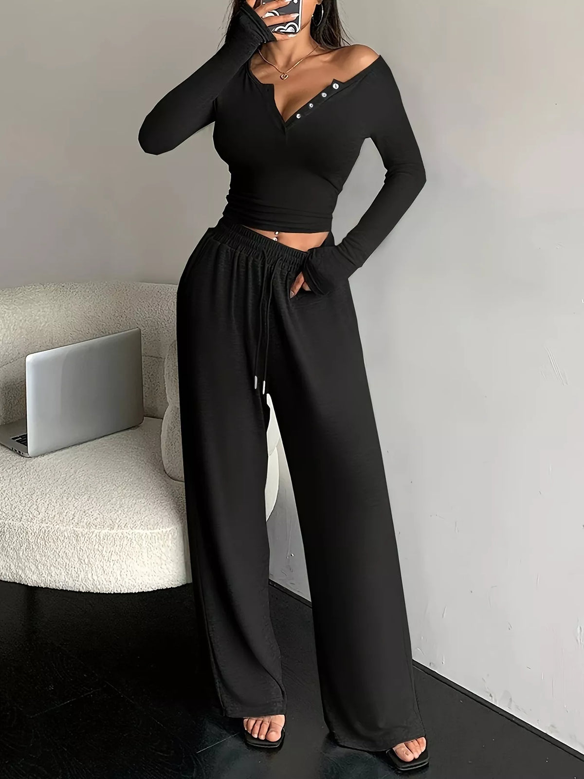 Button Detail Long Sleeve Top and Wide-Leg Pants Set