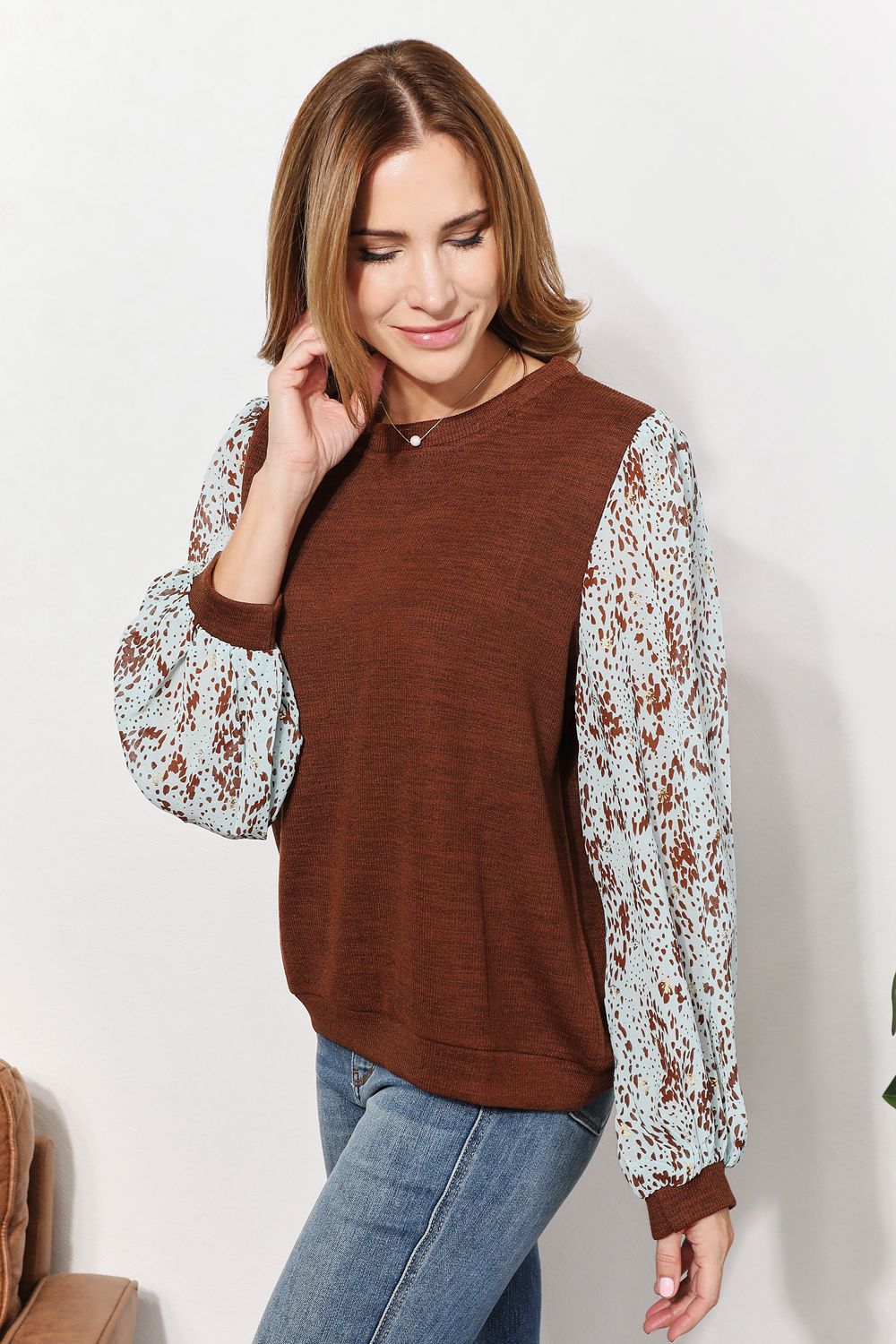 And The Why  Full Size Foil Printed Sleeve Top - Lilixa.store