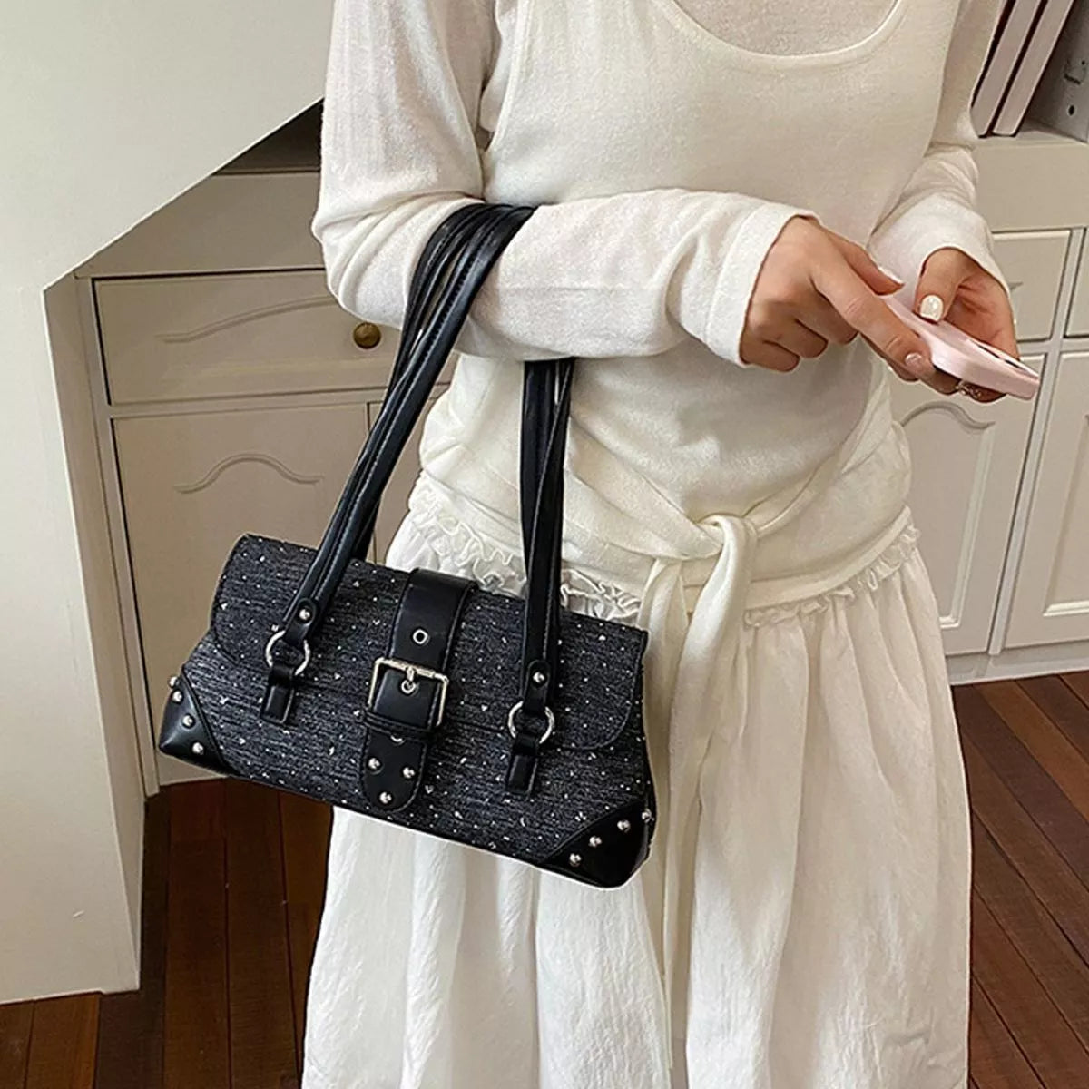 Studded Shoulder Bag with Buckle Detail - Lilixa.store