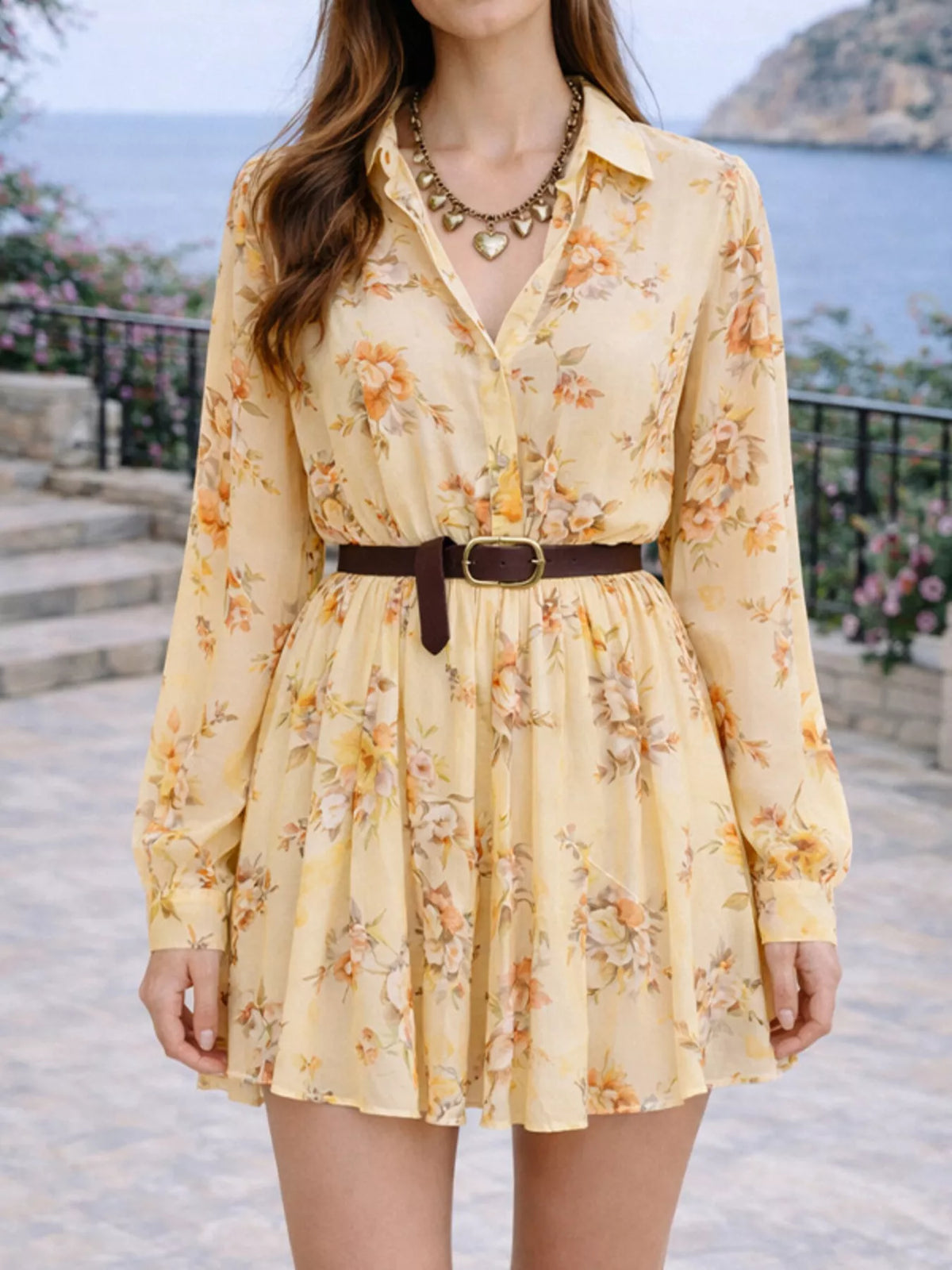 Full Size Floral Print Long Sleeve Shirt Dress Plus Size, view 5