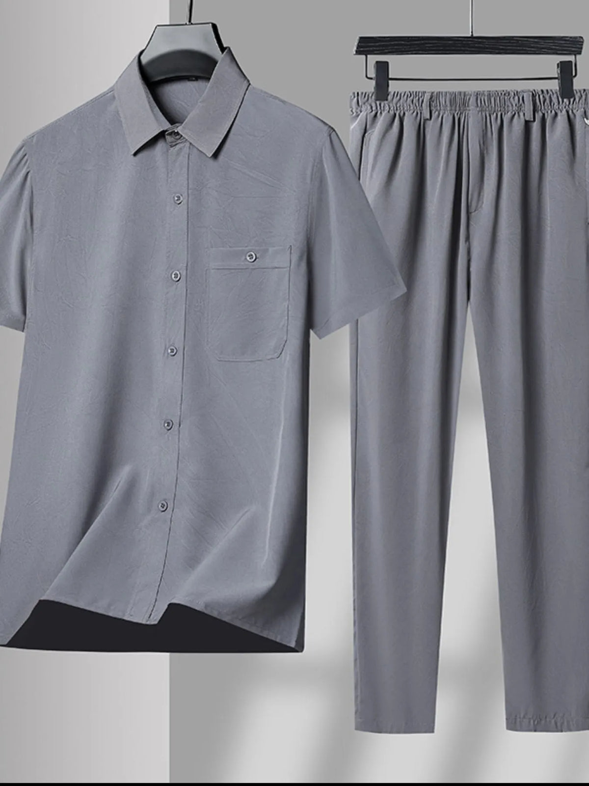 Men's Plus Size Button Up Short Sleeve Shirt and Pants Set in Gray