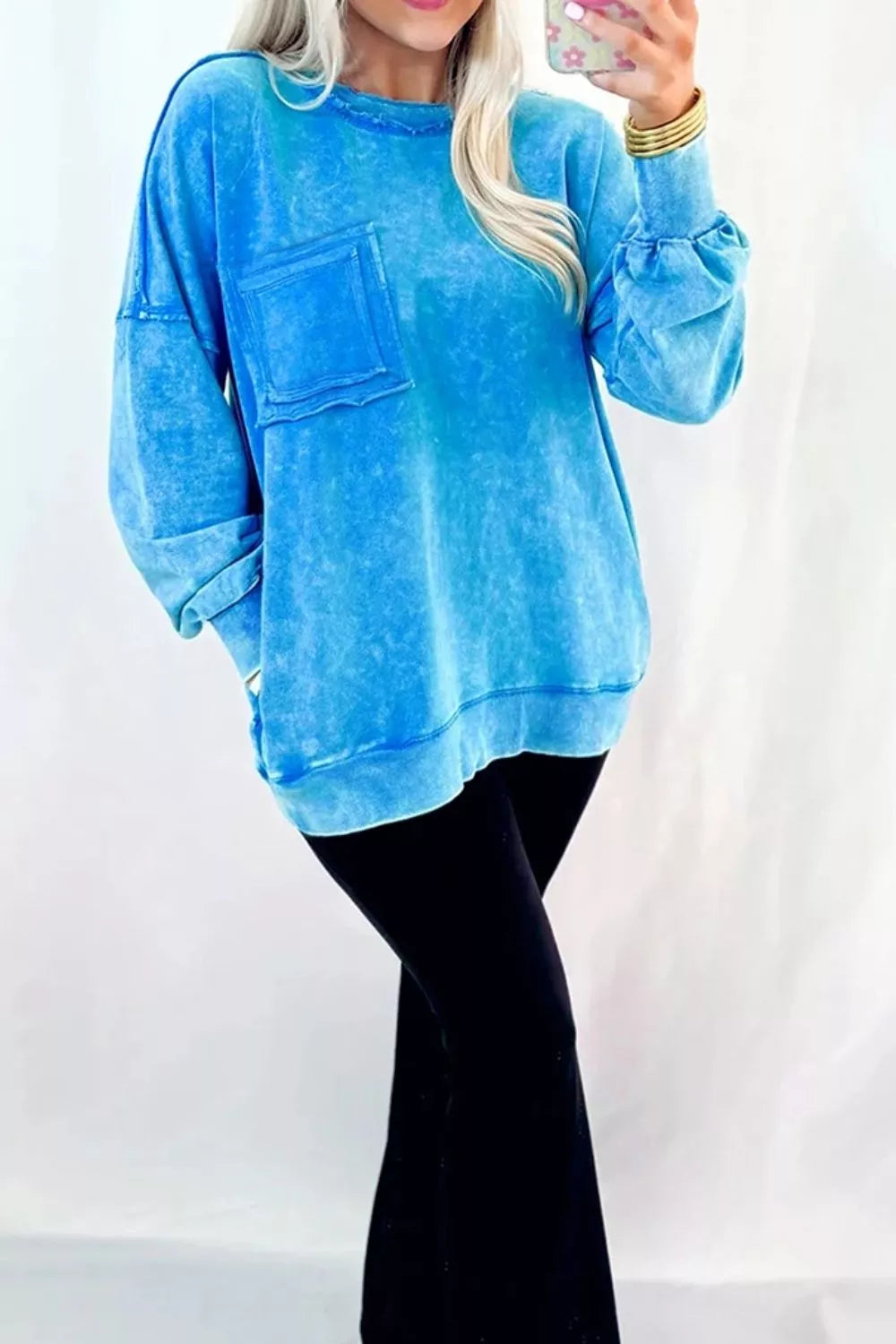 Mineral Wash Oversized Sweatshirt with Chest Pocket in Sky Blue, view 4