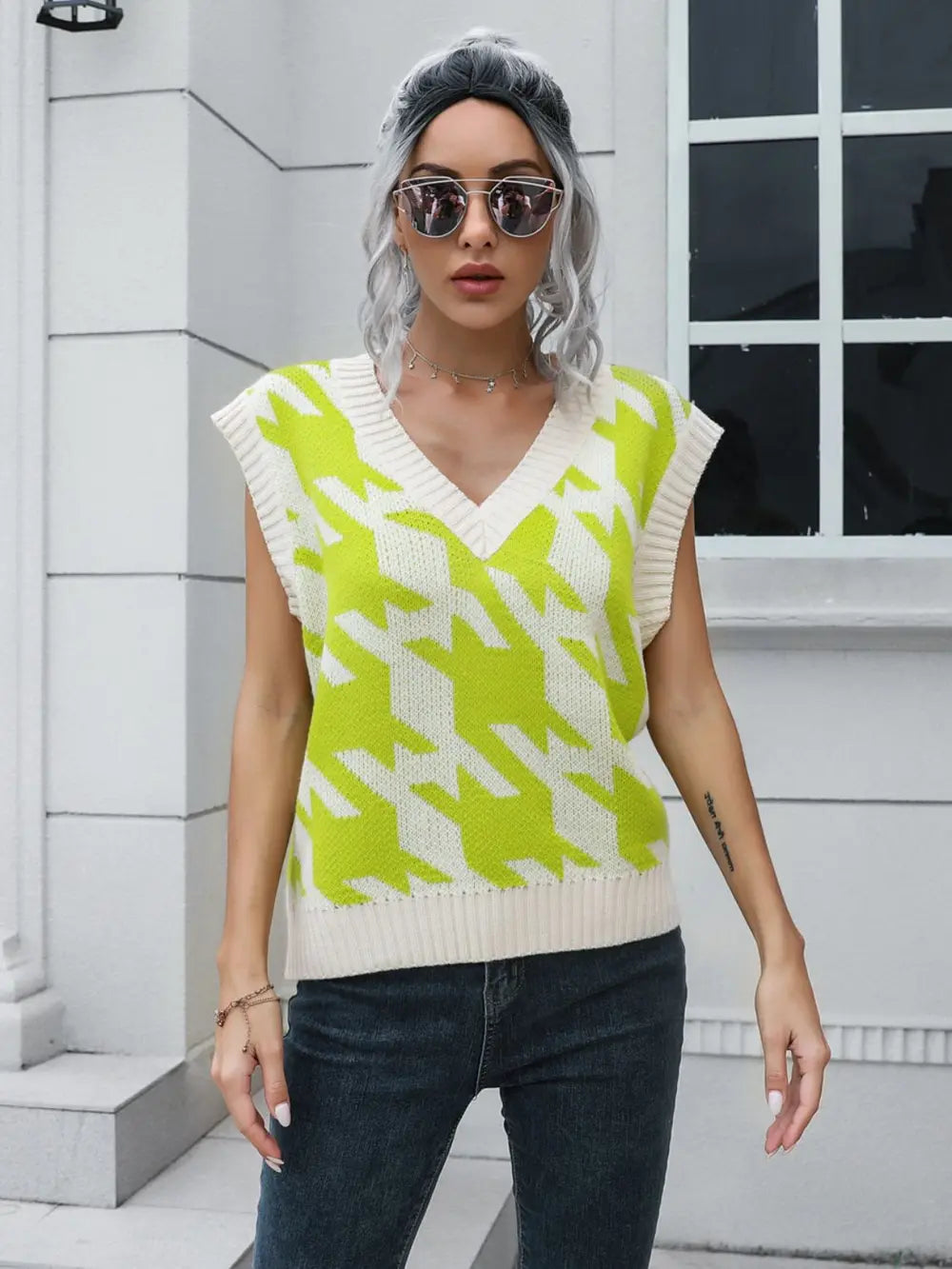 Houndstooth V-Neck Sweater Vest, view 5